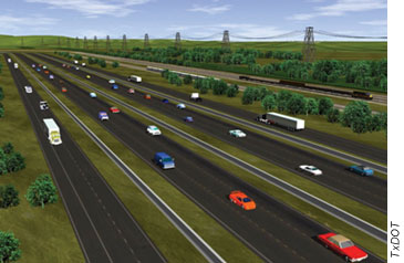 An artist's rendering of the planned Trans-Texas Corridor, with a separate lane for every mode. ##http://www.fhwa.dot.gov/publications/publicroads/05jul/07.cfm##FHWA##
