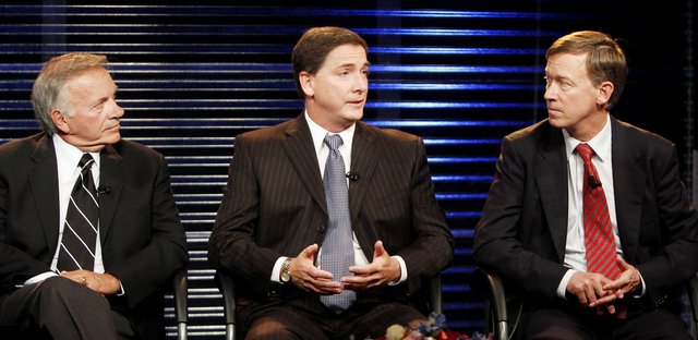 From left: Tom Tancredo, Dan Maes, and John Hickenlooper in a three-way debate in Colorado's gubernatorial election. Image: ##http://www.washingtontimes.com/news/2010/sep/14/tancredo-gets-good-news-in-polls-court/##AP##