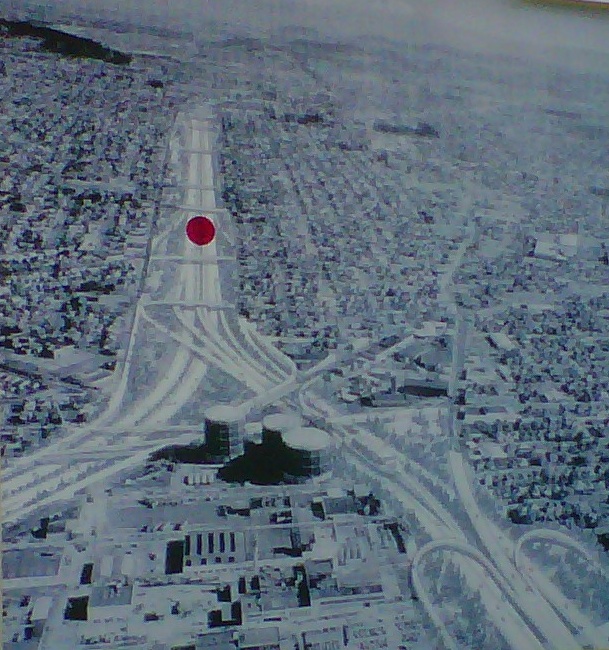 A drawing of the proposed Mount Hood Freeway. Richard Ross put a red dot where his friend's house still stands, despite plans to pave over it.