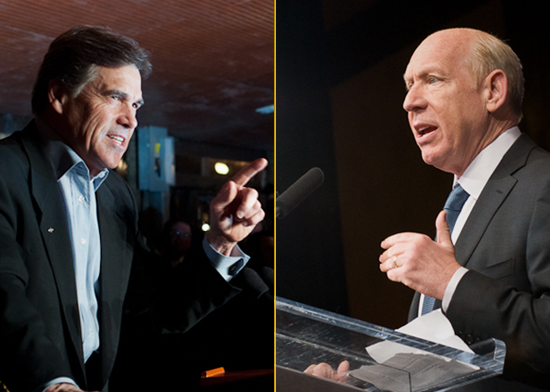 Governor Rick Perry, left, is expected to beat out Democrat Bill White, right, to win an unprecedented third term. ##http://www.texastribune.org/texas-politics/2010-texas-governors-race/perry-white-should-leave-race/##Texas Tribune##