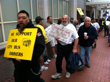 TriMet employees have been working without a contract for nearly a year. ##http://www.oregonlive.com/news/index.ssf/2010/10/trimet_employees_protest_at_ra.html##The Oregonian##