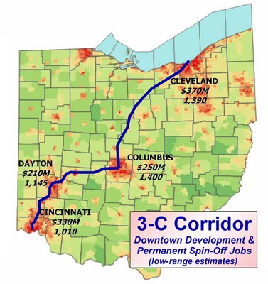 The proposed 3C passenger rail line would connect Ohio's biggest cities. Image: ##http://www.clevelandleader.com/node/12829##Cleveland Leader##