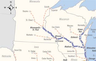 The rail segment in question would connect Chicago to Minneapolis. ##http://dailyreporter.com/blog/2009/11/19/connections-2030-rail-routes-spur-competition-between-la-crosse-eau-claire/##Daily Reporter##