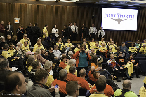 Supporters of Fort Worth's new bike plan packed city council chambers and cheered it to passage in February. Photo: Kevin Buchanan