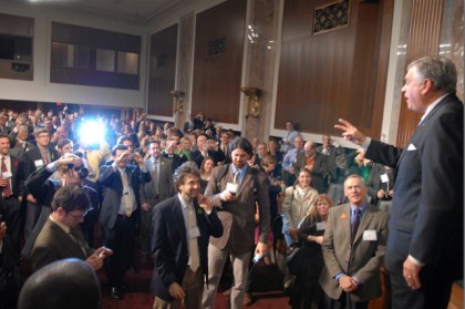 Ray LaHood stands on a table to thank bicyclists for working with him to reduce car dependency. Photo: Jonathan Maus