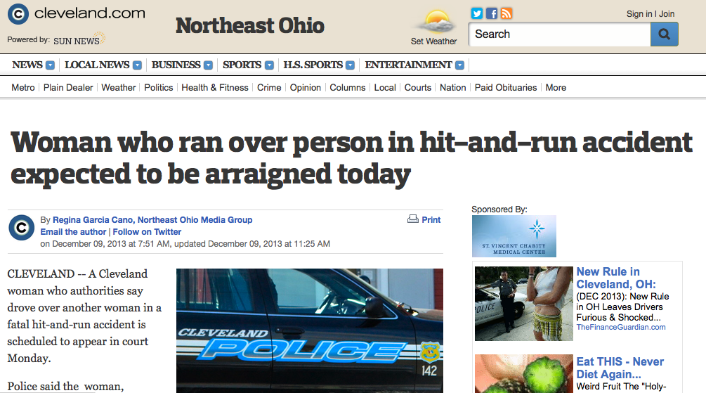 The Cleveland Plain Dealer uses the term "accident" to describe a collision that led to vehicular homicide charges. The Associated Press' editors have cautioned against using this term, but haven't made it part of the organization's all-important Style Guide for journalists. Image: ##http://www.cleveland.com/metro/index.ssf/2013/12/woman_who_ran_over_person_in_h.html## Cleveland.com##