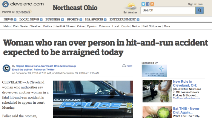 The Cleveland Plain Dealer uses the term "accident" to describe a collision that led to vehicular homicide charges. The Associated Press' editors have cautioned against using this term, but haven't made it part of the organization's all-important Style Guide for journalists. Image: ##http://www.cleveland.com/metro/index.ssf/2013/12/woman_who_ran_over_person_in_h.html## Cleveland.com##