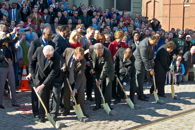 Five hundred supporters came out for the groundbreaking of the Cincinnati streetcar two years ago. Because of their perseverance, the project has a new lease on life. Photo: ##http://allaboardohio.org/2012/02/17/cincinnati-streetcar-breaks-ground/##All Aboard Ohio##