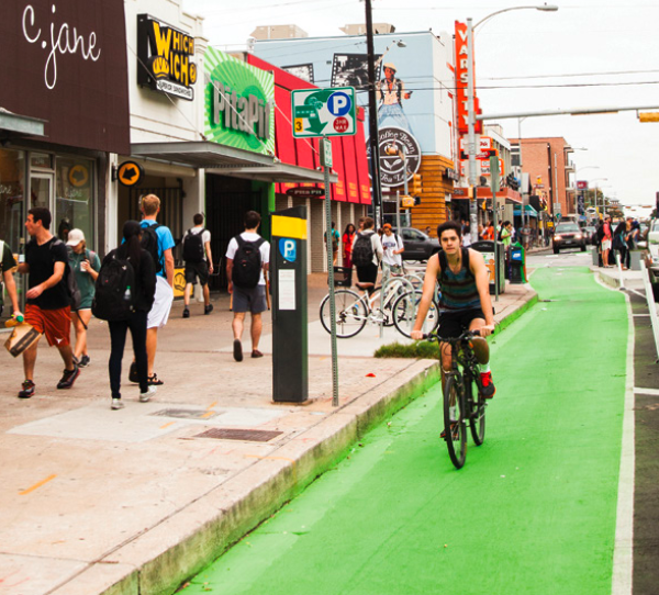 Guadalupe Street in Austin. Image: ###http://www.peopleforbikes.org/blog/entry/these-15-stories-show-exactly-how-great-bikeways-help-local-economies## People for Bikes##