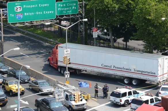 This freight truck killed 73-year-old pedestrian Ngozi Agbim in Brooklyn this June. Photo: Daily News via ##http://www.streetsblog.org/2013/06/25/ngozi-agbim-73-killed-by-truck-driver-at-crash-prone-brooklyn-intersection/##Streetsblog NYC##