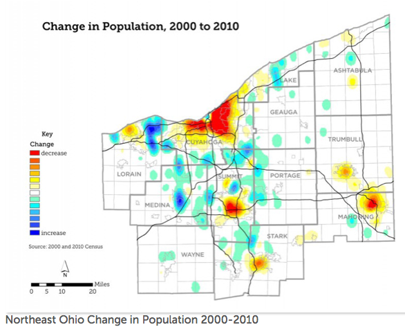 Cleveland, Akron and Youngstown -- all bright red -- have shed population in recent decades as the region has sprawled. Image: NEOSCC (Click to enlarge.)