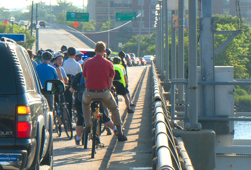 Bicyclists grown onto the Legare Bridge. Photo: Charleston Moves