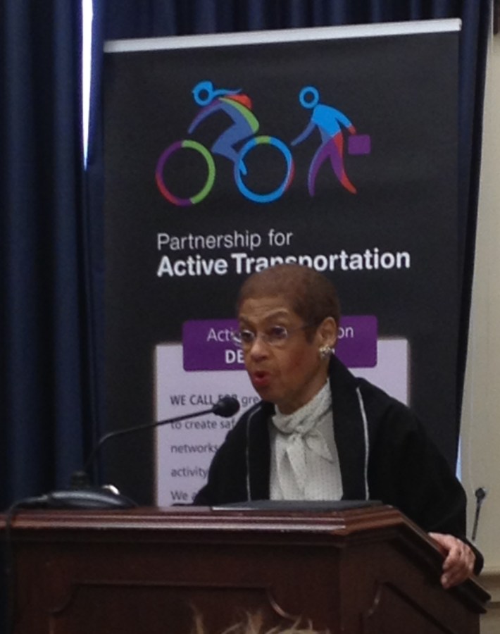 DC Delegate Eleanor Holmes Norton helped introduce the new Partnership for Active Transportation today on Capitol Hill. Photo: Tanya Snyder