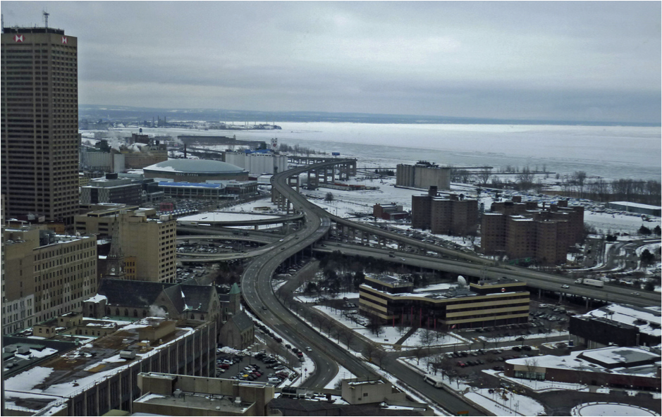 Buffalo's Route 5 Skyway is a blight on the waterfront. Image: CNU