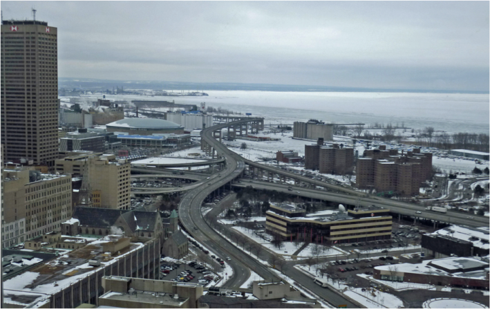 Buffalo's Route 5 Skyway is a blight on the waterfront. Image: CNU