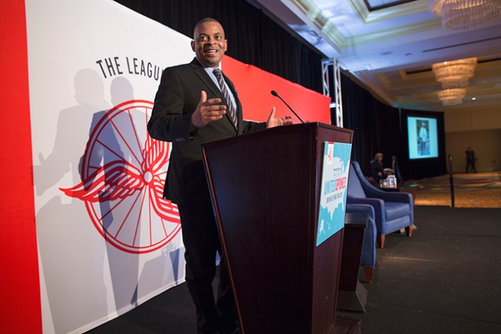 Sec. Foxx told hundreds gathered for the Bike Summit that he won't stand still and allow bike and pedestrian injuries and fatalities to increase. Photo: Brian Palmer, via the ##http://www.bikeleague.org/content/sec-foxx-shares-support-bikes##Bike League##