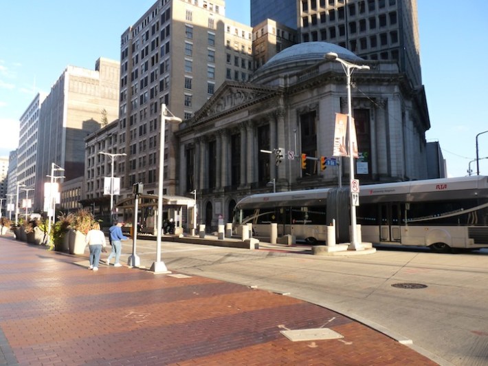 -Cleveland’s HealthLine BRT, a median-aligned silver-standard corridor on Euclid Avenue, has leveraged 5.8 billion in development, while the city’s contribution to the project was only 200 million. Photo: ITDP