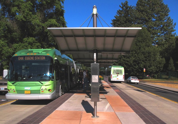 Eugene, Oregon's EmX Green Line leveraged about $100 million in investment. Photo: ITDP