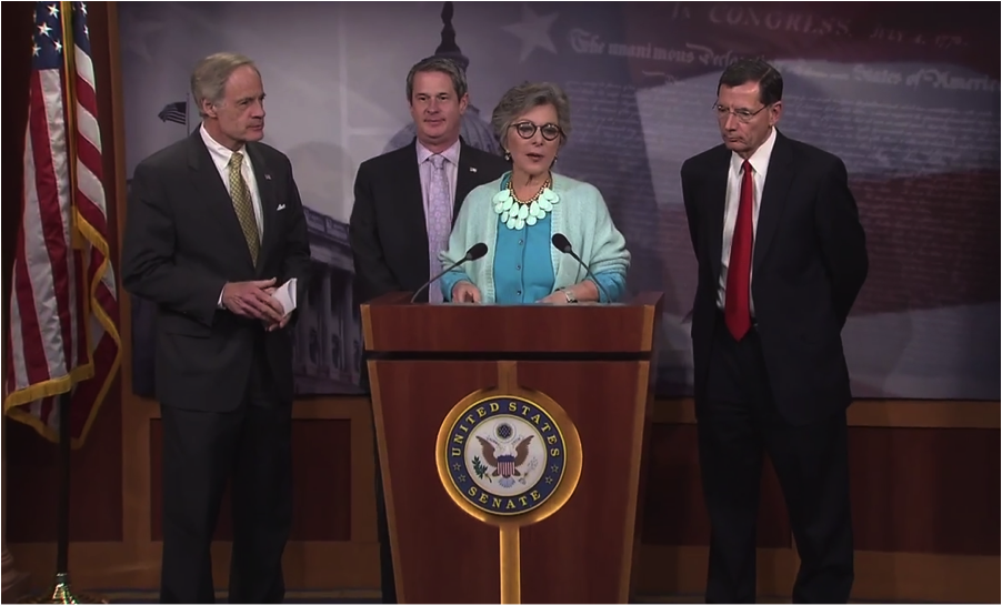 Sen. Barbara Boxer, together with Sens. Carper, Vitter and Barrasso, announced their agreement to maintain the status quo with the next bill. Screenshot from press conference.
