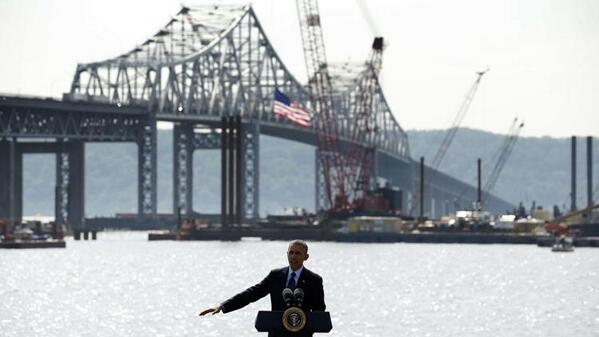 With the Tappan Zee Bridge behind him, President Obama made his case for more infrastructure spending. Photo: ##https://twitter.com/TheObamaDiary/status/466676032834387969/photo/1##TheObamaDiary/Twitter##