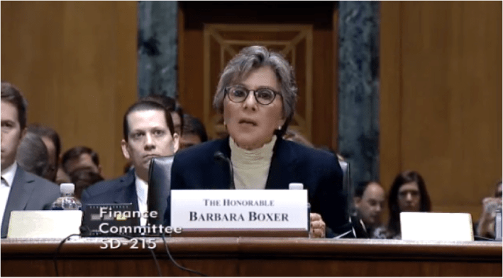 Sen. Barbara Boxer testified today before the Senate Finance Committee, asking members to come up with $18 billion a year for her spending plan.
