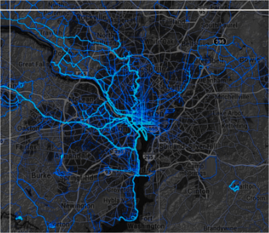 ... while this ##http://labs.strava.com/heatmap/#10/-77.17461/38.85868/blue/bike##Strava map## highlights the east-west divide in DC's active transportation.