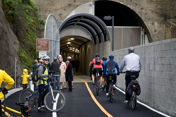 Marin County rebuilt an old railroad tunnel and created a 1.1-mile non-motorized path, expanding transit access and increasing biking by 95 percent. Photo: ##http://parisi-associates.com/projects/non-motorized-transportation-pilot-program/##Parisi Associates##