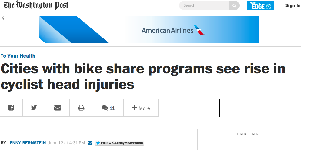 Image: Washington Post headline, at 1:39 p.m. Friday, showed a headline that said, incorrectly, that bike sharing cities saw an increase in head injuries. Image: Washington Post