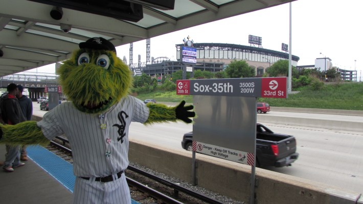 Chicago White Sox mascot "Southpaw" at a train station. Photo courtesy of Chicago White Sox/MLB