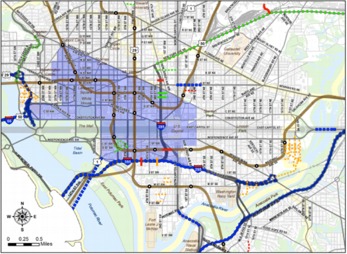The blue shaded area would be the part of the city affected by the congestion charge. Image: DDOT