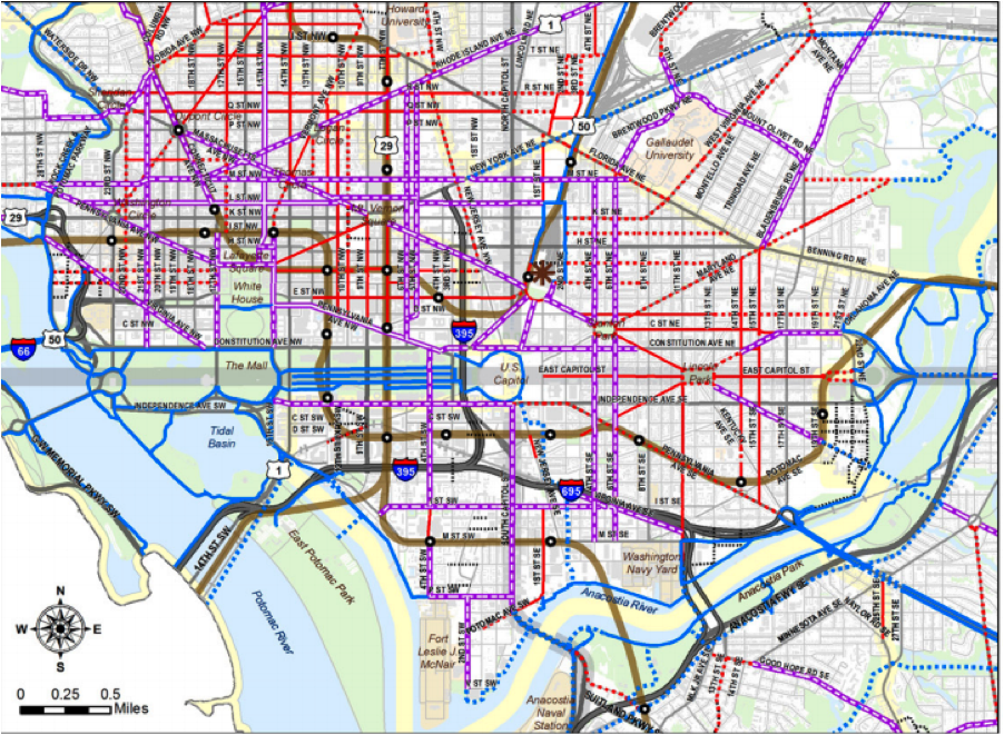 Those dotted purple lines are protected bike lane the city plans to build. This is just the downtown zoom, but other maps show plans to build these lanes all over the city. Image: DDOT