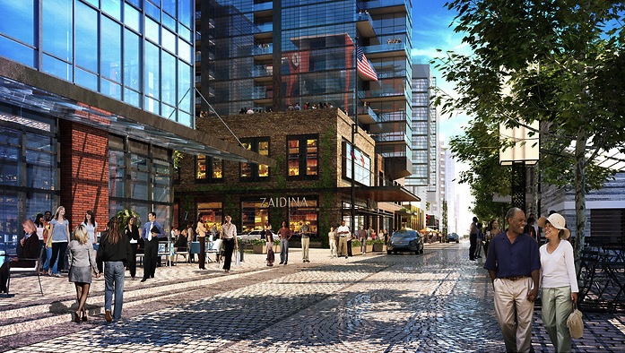 Rendering of Wharf Street SW, a shared space under construction in Washington, DC.