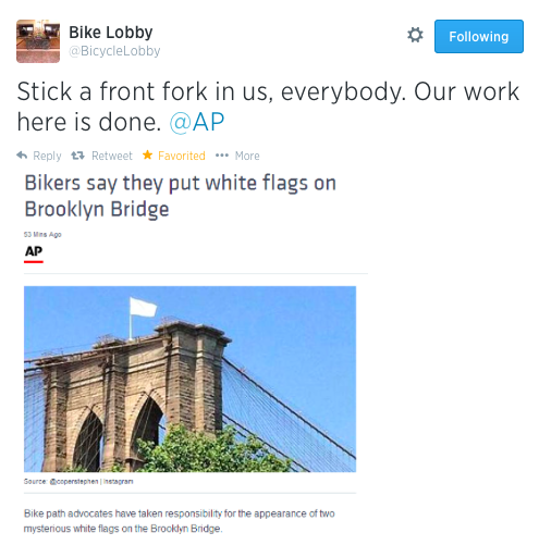 The parody Twitter account "Bicycle Lobby" jokingly claimed to have placed white flags on top of the Brooklyn bridge this week. Reporters from the AP and New York Daily News didn't get it.