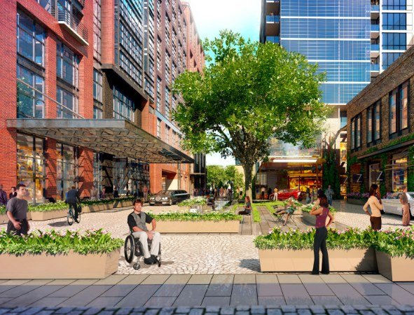 A piazza adjacent to Wharf Street will allow cars to load passengers, but not provide through access. Rendering: Perkins Eastman