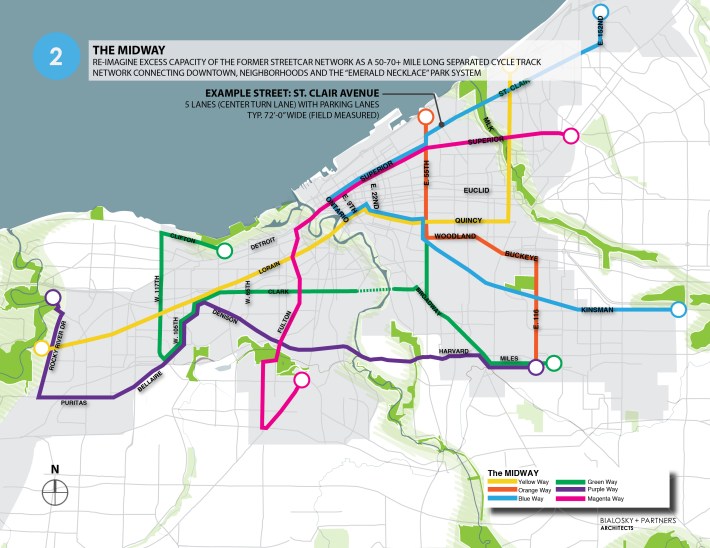 Proponents envision 80 to 100 miles of protected bikeways. Click to enlarge. Map: Bialosky + Partners Architects