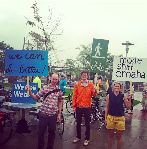About 300 people braved rainy conditions to demand better bike and pedestrian accommodations this weekend in Omaha. Photo: Mode Shift Omaha
