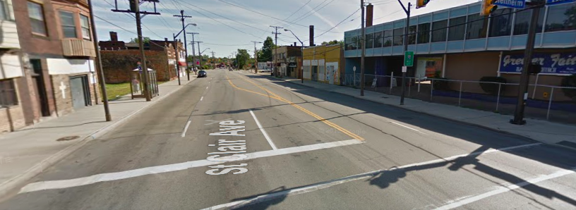 St. Clair Avenue in Cleveland was once bustling with activity, when it was a streetcar route. A group of Clevelandites wants to make it active again with bike infrastructure. Image: Google Maps