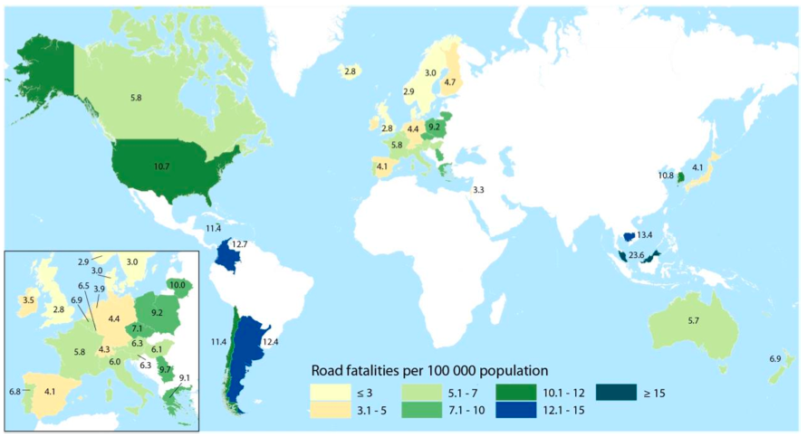 This map shows traffic fatalities per 100,000 residents. Image: International Transport Forum