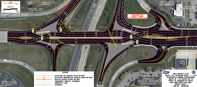 Amendment 7 would have helped pay for road expansions like this diverging diamond on Stadium Boulevard. Image: ##http://www.modot.org/central/major_projects/Boone740_PublicHearingMay2011.htm##MoDOT##