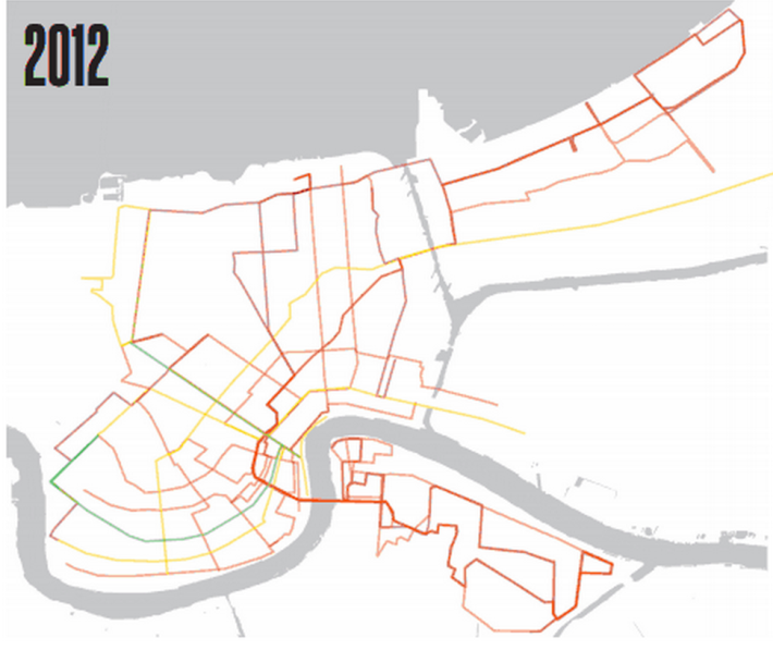 This map shows transit routes in New Orleans that run less frequently than once every 30 miles at peak hour in red. Routes that run at 15-minute frequencies or less. Image: Ride New Orleans via Transport Politic