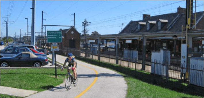 Despite high train frequency, southeastern Pennsylvania's Schuylkill River Trail -- 60 miles long and about to double in length -- provides a stress-free biking and walking experience. All photos from ##http://www.railstotrails.org/ourWork/reports/railwithtrail/report.html##RTC##