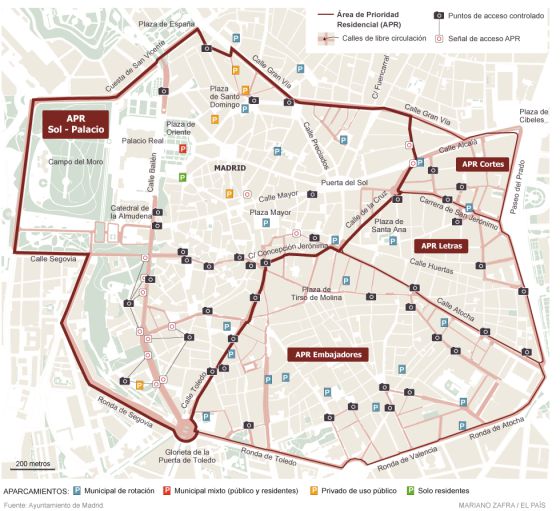 Drivers who don't live in the center city will no longer be able to drive through Madrid's core neighborhoods. Image: City of Madrid