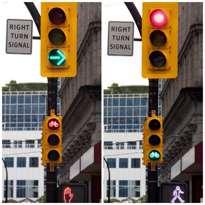 Separate right turn signals for cars, bikes and pedestrians on Vancouver's Hornby Street bike lane. Photo: ##http://theprudentcyclist.com/2012/06/lessons-from-vancouvers-hornby-street-cycle-track/##The Prudent Cyclist##