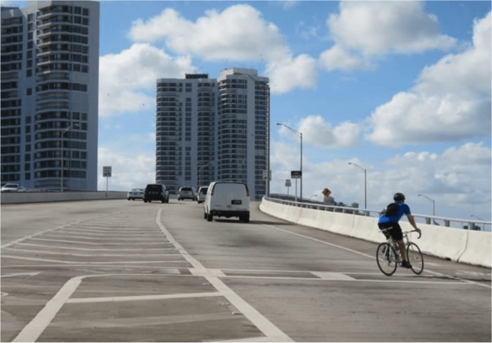 Markings were added to guide cyclists across tricky on-ramps. Photo: Miami-Dade MPO