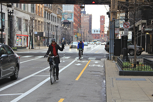 Goodman also pointed to the Dearborn Street bike lane in Chicago as a model. Photo: ##http://gridchicago.com/2012/dearborn-streets-celebrity-status-skyrockets/##Grid Chicago##