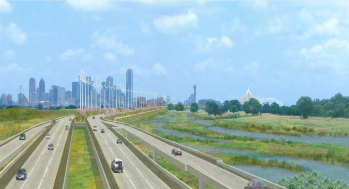 Every river needs a nine-lane highway running alongside it to enhance its scenic qualities, don't you think? Image from a U.S. Army Corps of Engineers briefing presented to the Dallas City Council last August