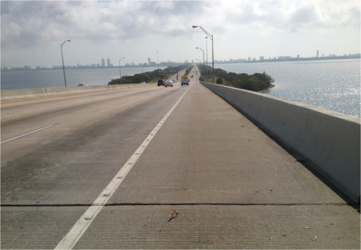 The Julia Tuttle Causeway in Miami. The white stripe between the traffic lane and the bicycle lane will vibrate if a car crosses it, but that's all the protection there is. Photo: Miami-Dade MPO