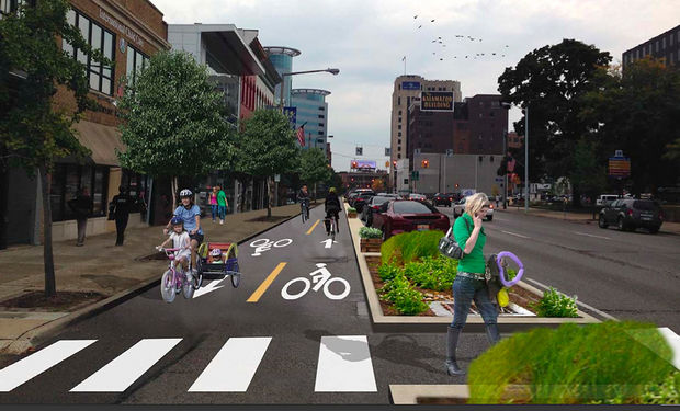 Part of Michigan Avenue in Kalamazoo will get a road diet and a new protected bike lane, under plans approved this week. Image: Alta Planning + Design via Mlive.com