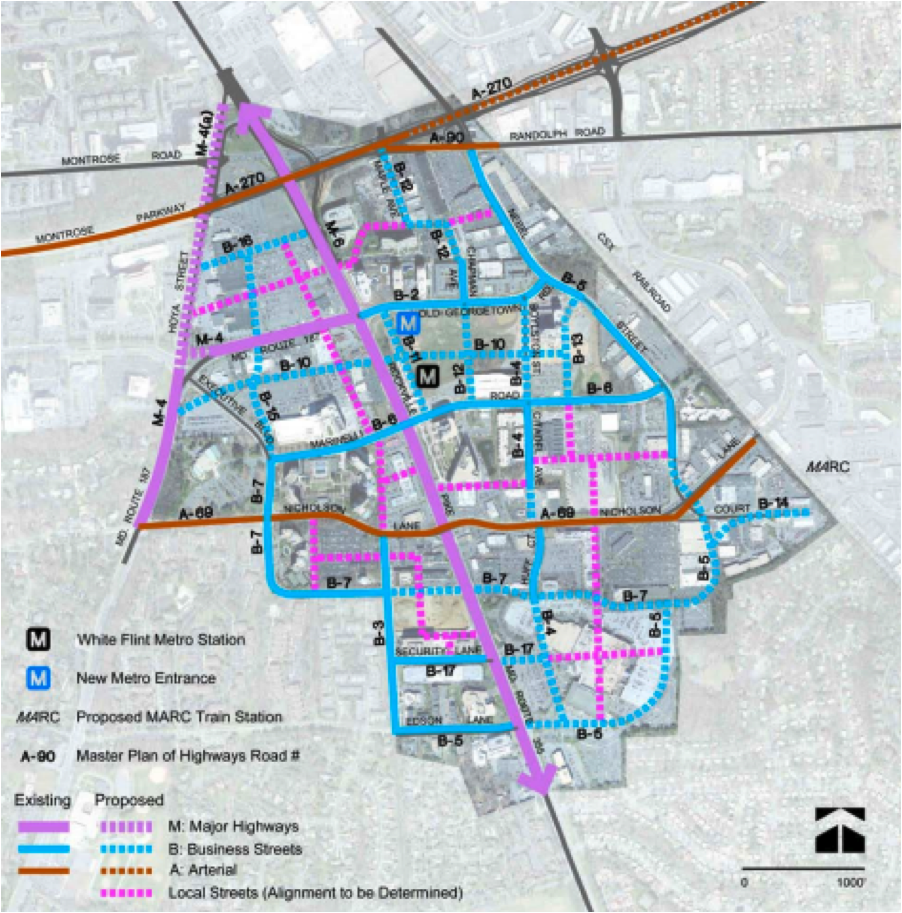 Existing and proposed street network for the new White Flint. Image: ##http://www.montgomeryplanning.org/community/whiteflint/documents/WhiteFlintSectorPlanApprovedandAdopted_web.pdf##White Flint Sector Plan##