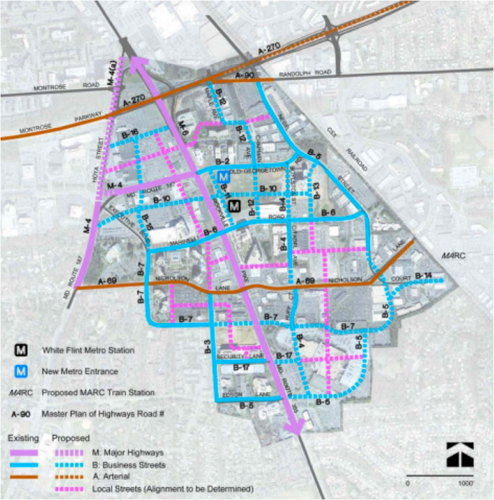 Existing and proposed street network for the new White Flint. Image: ##http://www.montgomeryplanning.org/community/whiteflint/documents/WhiteFlintSectorPlanApprovedandAdopted_web.pdf##White Flint Sector Plan##